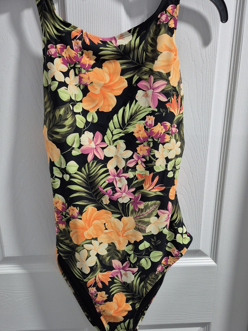 Hurley Black Floral One-Piece Swimsuit with Peach and Pink Blooms